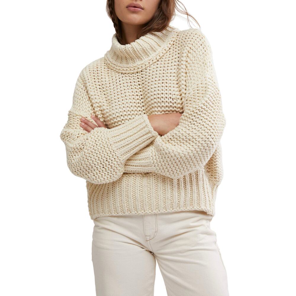 Free People My Only Sunshine Sweater Chunky Mock Neck Open Knit Cream Beige XS